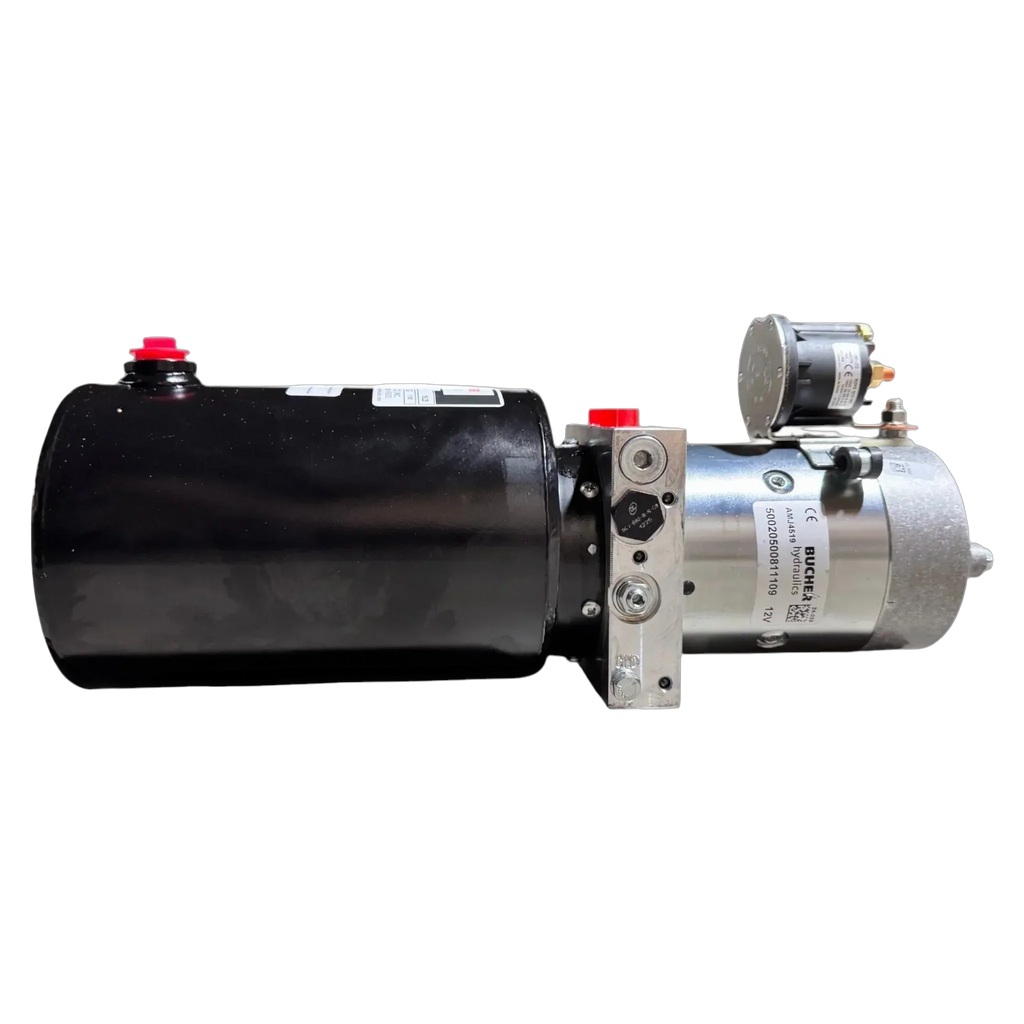 Side view of the Bucher Dual Action (Power Up / Power Down) Hydraulic Pump by Bucher Hydraulics, Inc., featuring a black cylindrical tank and metallic motor, ideal for use as a dual action hydraulic pump or hydraulic bale spear pump.