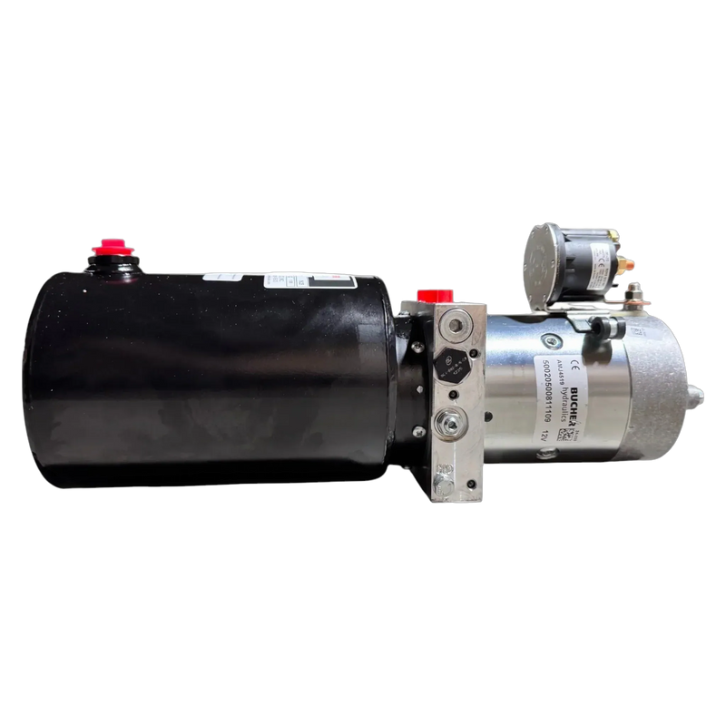 Side view of the Bucher Dual Action (Power Up / Power Down) Hydraulic Pump by Bucher Hydraulics, Inc., featuring a black cylindrical tank and metallic motor, ideal for use as a dual action hydraulic pump or hydraulic bale spear pump.