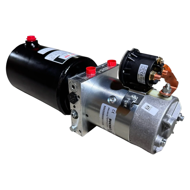 The Bucher Dual Action Hydraulic Pump by Bucher Hydraulics, Inc. features a black cylindrical motor and metallic pump assembly with red and black caps—ideal for agricultural use or as a power up/down hydraulic unit.