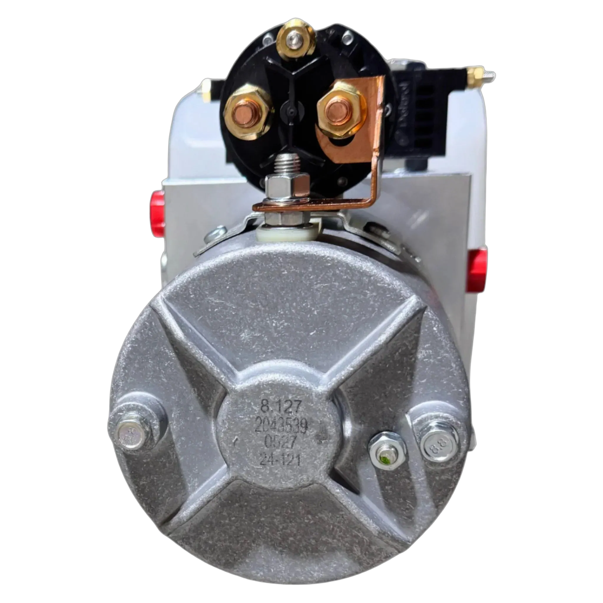 Close-up of a metal automotive starter motor with visible terminals, bolts, and stamped markings, similar to those used in the Bucher Pump 2 Way (Power Up / Power Down) 2.5 gal. Poly Reservoir by Bucher Hydraulics, Inc.