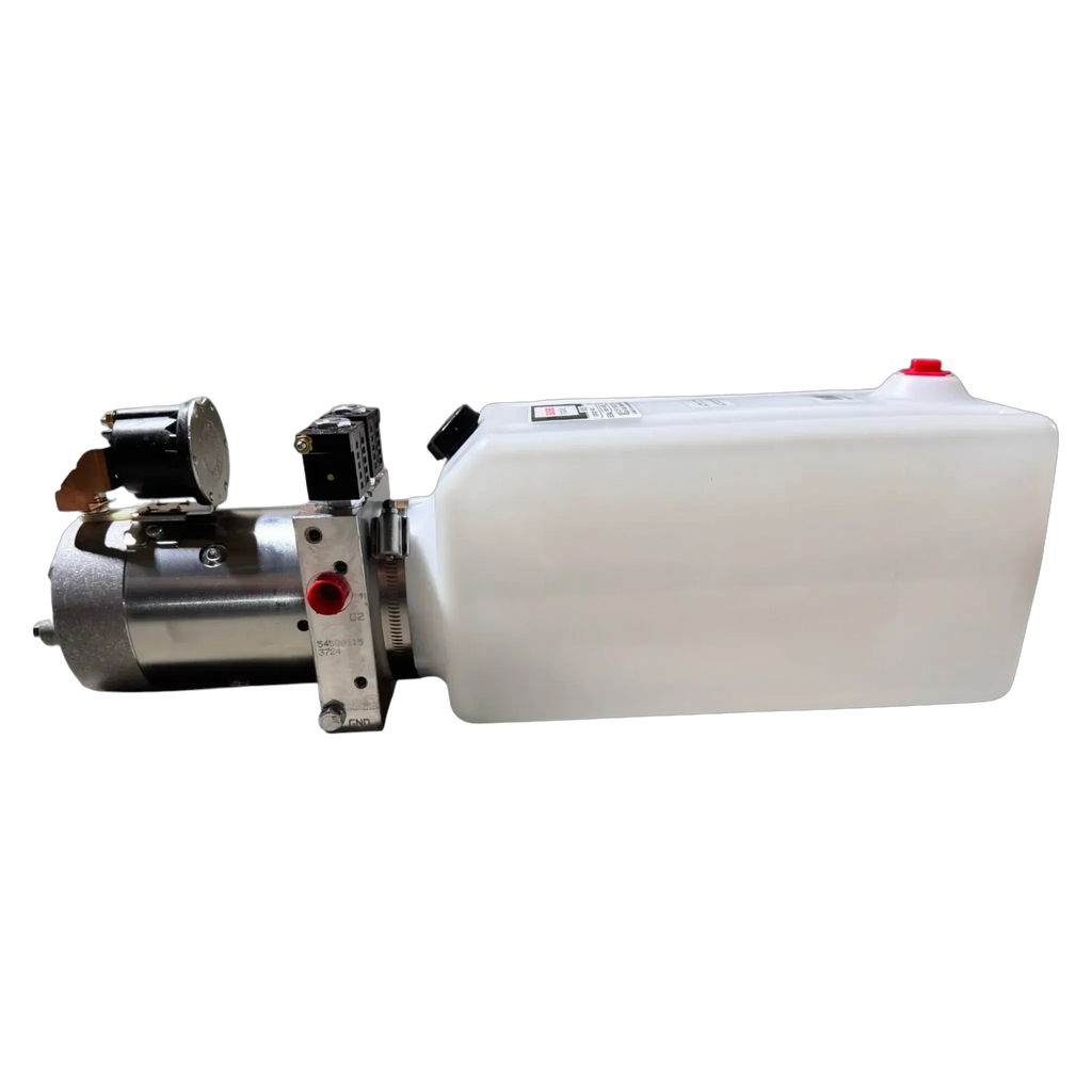 Bucher Hydraulics, Inc. Bucher Pump 2 Way (Power Up / Power Down) with 2.5 gal. poly reservoir, features gauges and control components; shown isolated on white.