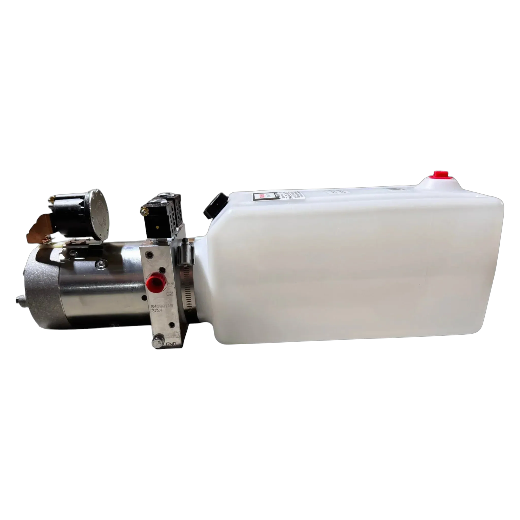 Bucher Hydraulics, Inc. Bucher Pump 2 Way (Power Up / Power Down) with 2.5 gal. poly reservoir, features gauges and control components; shown isolated on white.