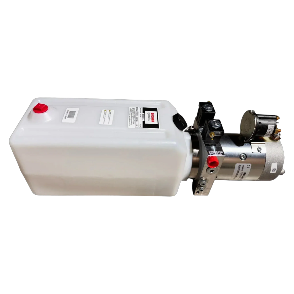 The Bucher Hydraulics, Inc. Bucher Pump 2 Way (Power Up / Power Down) features a 2.5 gal. poly reservoir and metallic motor/pump, designed as a 12V double-acting hydraulic power unit for efficient performance.