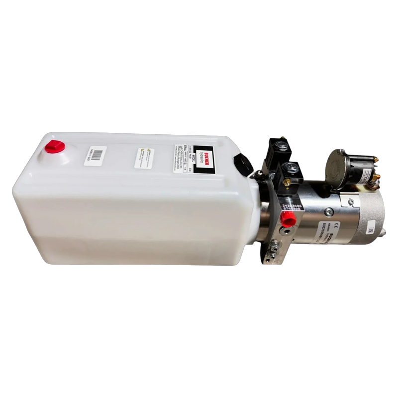 The Bucher Hydraulics, Inc. Bucher Pump 2 Way (Power Up / Power Down) features a 2.5 gal. poly reservoir and metallic motor/pump, designed as a 12V double-acting hydraulic power unit for efficient performance.