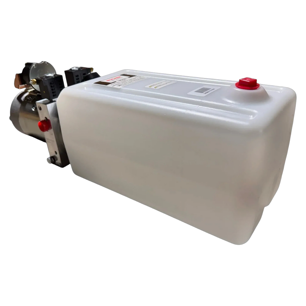 The Bucher Hydraulics, Inc. Pump 2 Way (Power Up / Power Down) features a 2.5 gal. poly (white rectangular plastic) reservoir with motor and red cap, ideal for hydraulic systems needing fluid power storage.