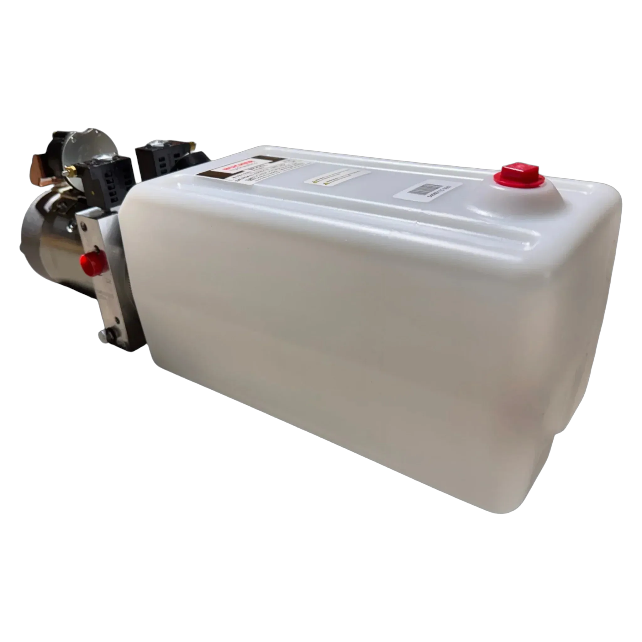 The Bucher Hydraulics, Inc. Pump 2 Way (Power Up / Power Down) features a 2.5 gal. poly (white rectangular plastic) reservoir with motor and red cap, ideal for hydraulic systems needing fluid power storage.