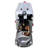 Front view of a Bucher Hydraulics, Inc. Pump 2 Way (Power Up / Power Down) with metal parts and a 2.5 gal. poly reservoir, suitable as a double-acting hydraulic pump for multiple uses.