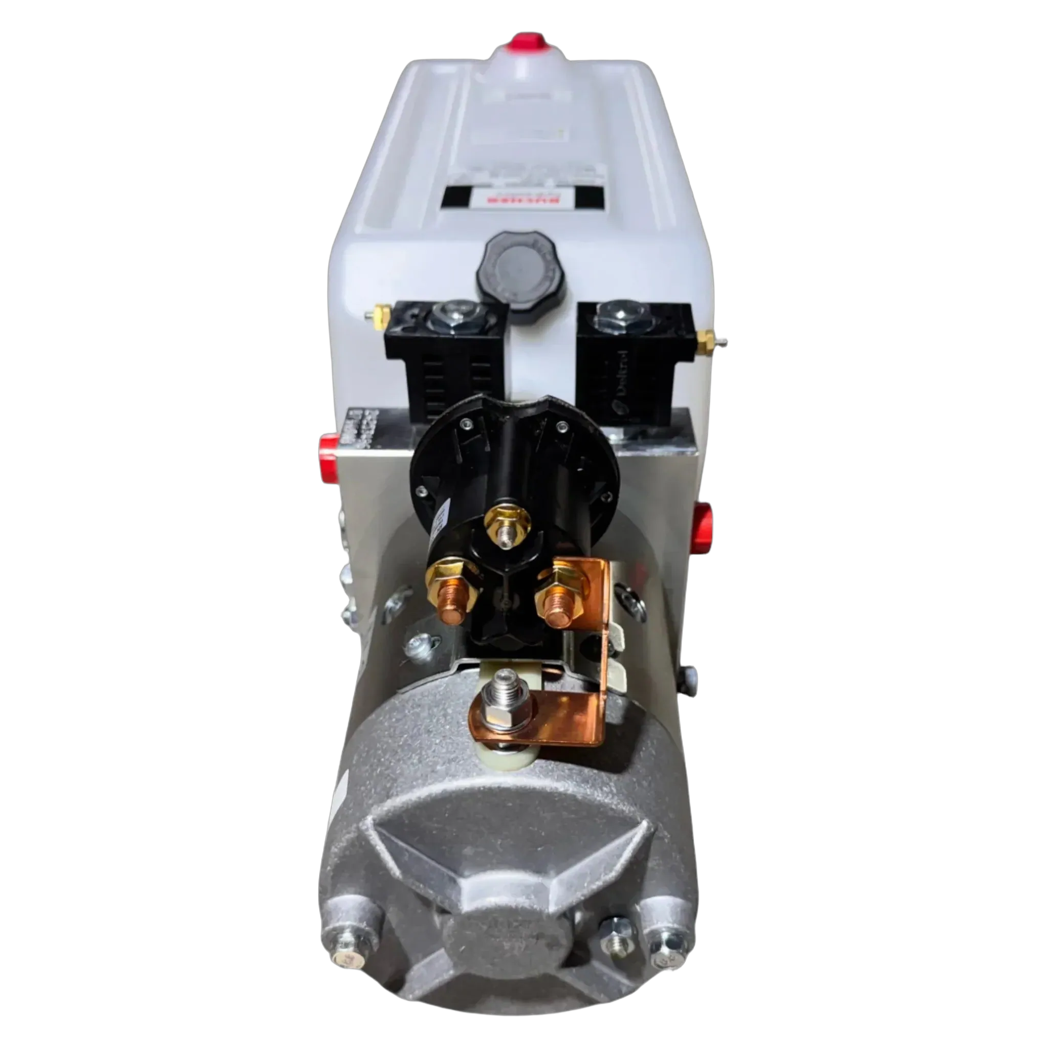 Front view of a Bucher Hydraulics, Inc. Pump 2 Way (Power Up / Power Down) with metal parts and a 2.5 gal. poly reservoir, suitable as a double-acting hydraulic pump for multiple uses.