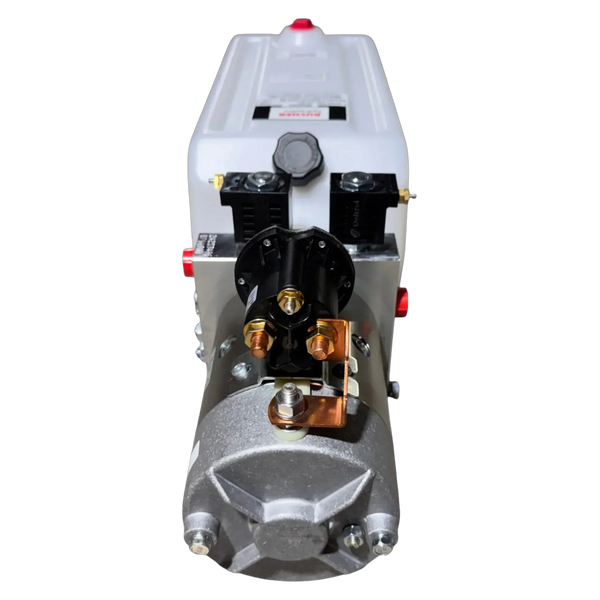 Front view of a Bucher Hydraulics, Inc. Pump 2 Way (Power Up / Power Down) with metal parts and a 2.5 gal. poly reservoir, suitable as a double-acting hydraulic pump for multiple uses.
