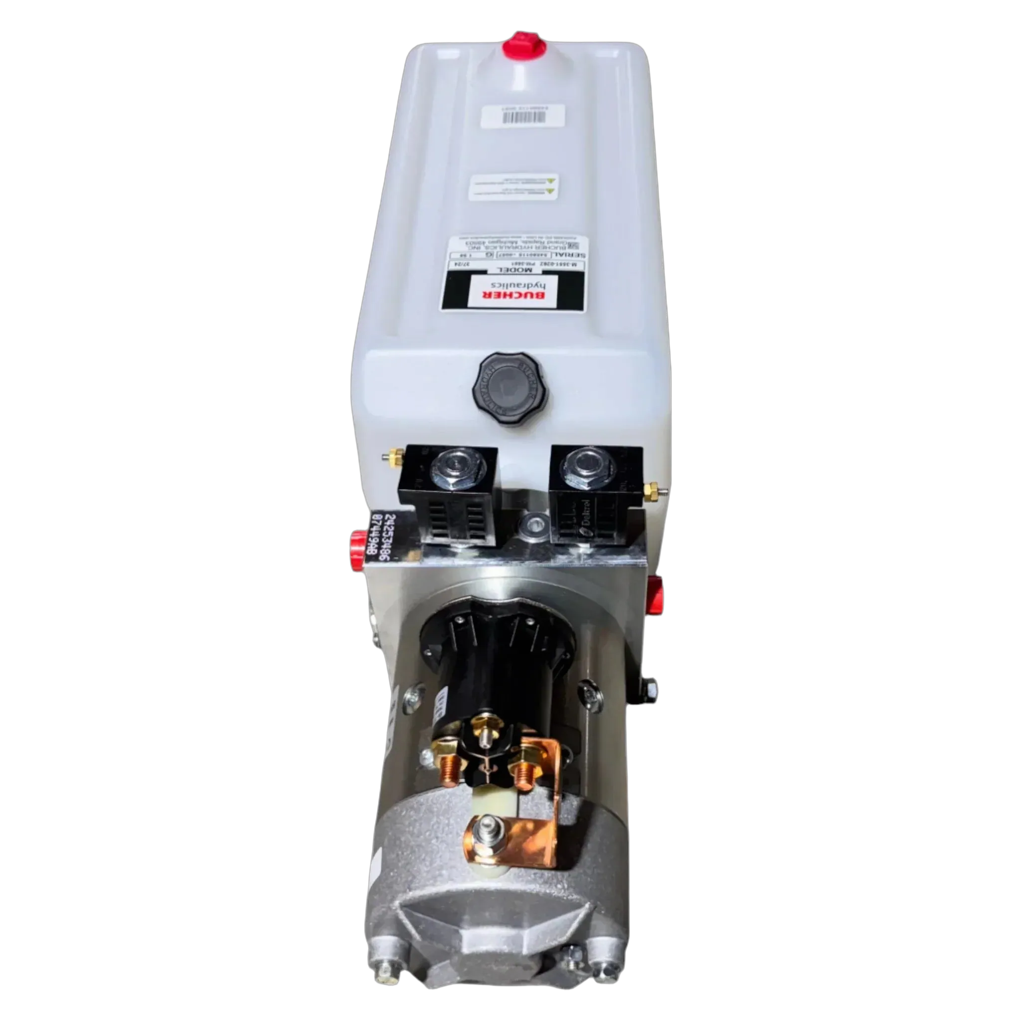 Bucher Hydraulics, Inc. Bucher Pump 2 Way (Power Up / Power Down) with a 2.5 gal. poly reservoir and metallic motor components, viewed from above; ensures reliable performance with integrated control valves.