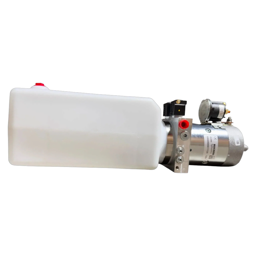 The Bucher Pump 2 Way (Power Up / Power Down) by Bucher Hydraulics, Inc. features a 2.5 gal. poly reservoir and metal motor components in a 12V hydraulic power unit design, shown on a white background.