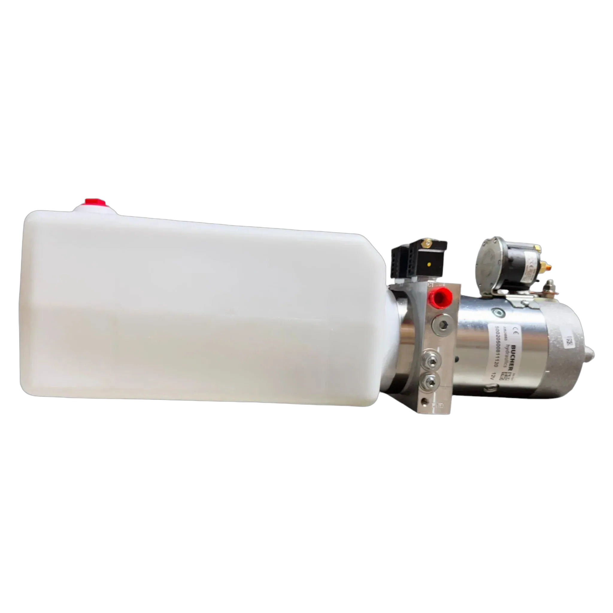 The Bucher Pump 2 Way (Power Up / Power Down) by Bucher Hydraulics, Inc. features a 2.5 gal. poly reservoir and metal motor components in a 12V hydraulic power unit design, shown on a white background.