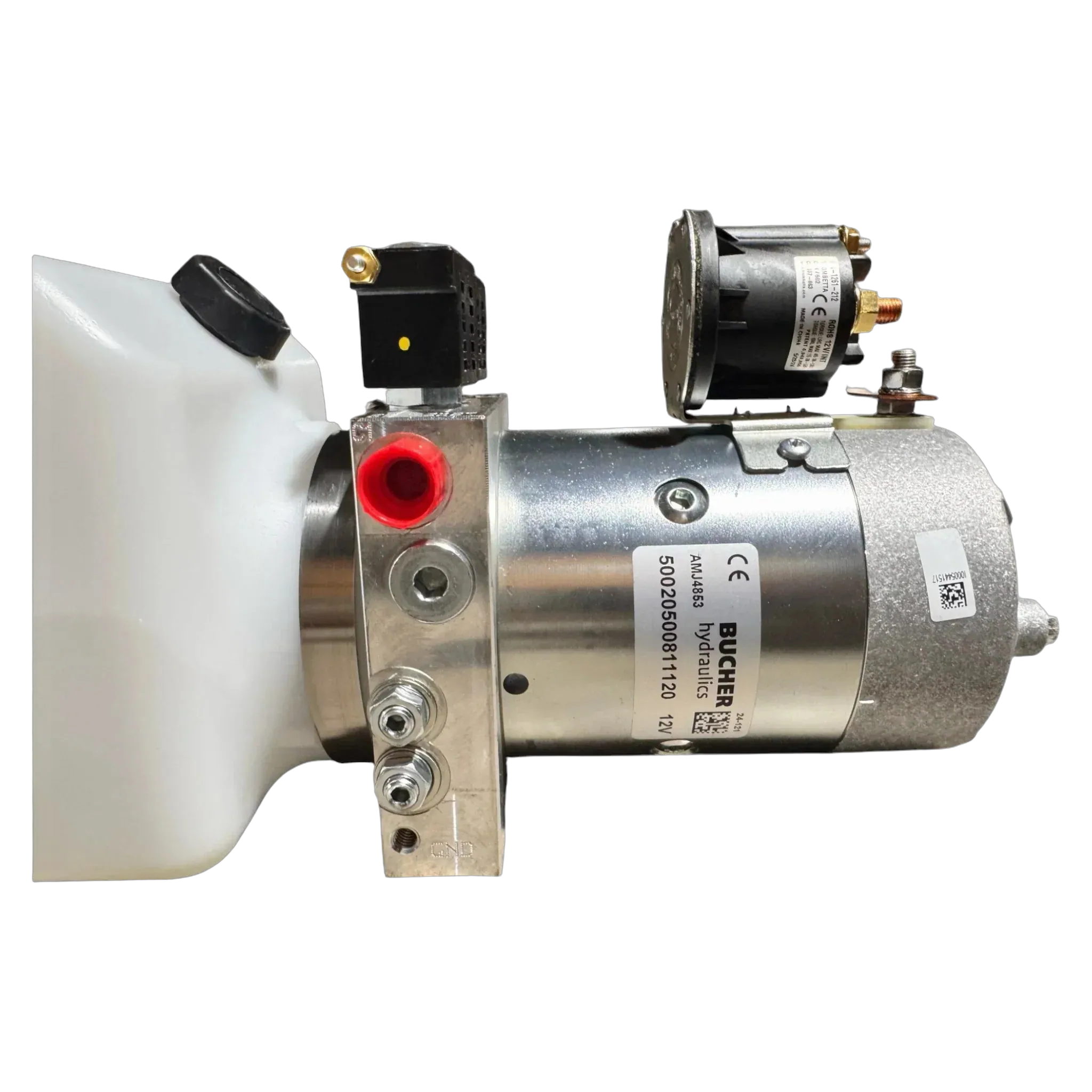 Close-up of the Bucher Pump 2 Way (Power Up / Power Down) with 2.5 gal. poly reservoir by Bucher Hydraulics, Inc., featuring a motor and connectors for versatile hydraulic applications.