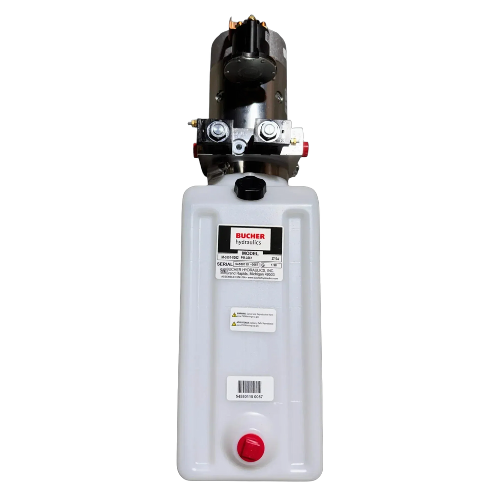 The Bucher Pump 2 Way features a vertical 12V hydraulic unit with a 2.5 gal. poly reservoir, black motor on top, and red bottom cap. Brand: Bucher Hydraulics, Inc.