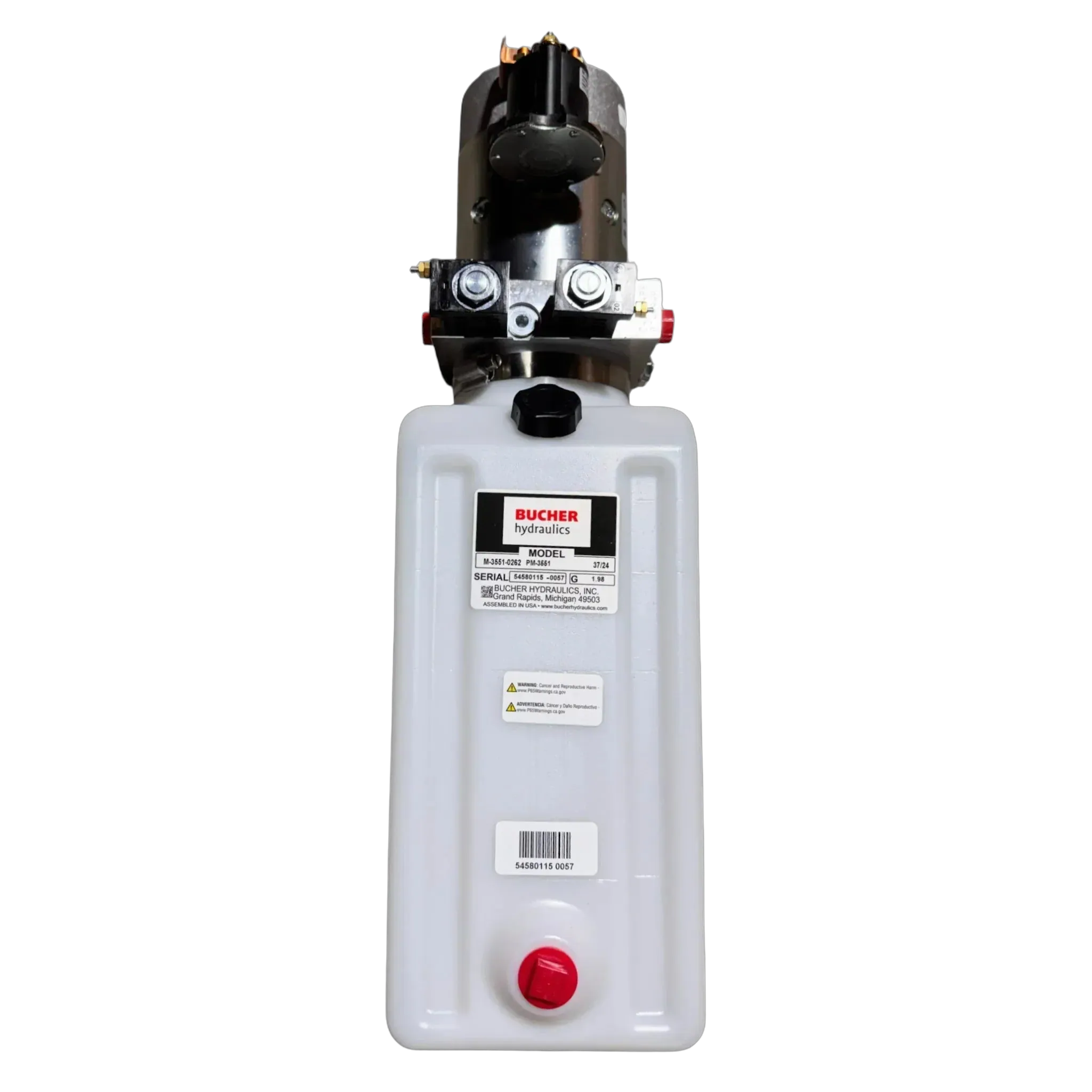 The Bucher Pump 2 Way features a vertical 12V hydraulic unit with a 2.5 gal. poly reservoir, black motor on top, and red bottom cap. Brand: Bucher Hydraulics, Inc.