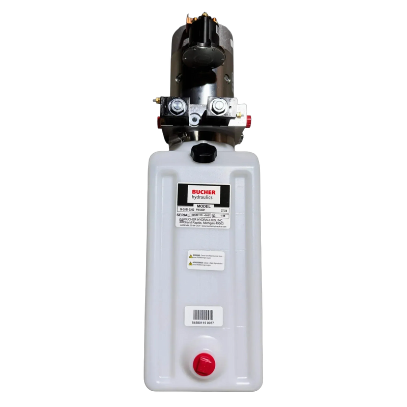 The Bucher Pump 2 Way features a vertical 12V hydraulic unit with a 2.5 gal. poly reservoir, black motor on top, and red bottom cap. Brand: Bucher Hydraulics, Inc.