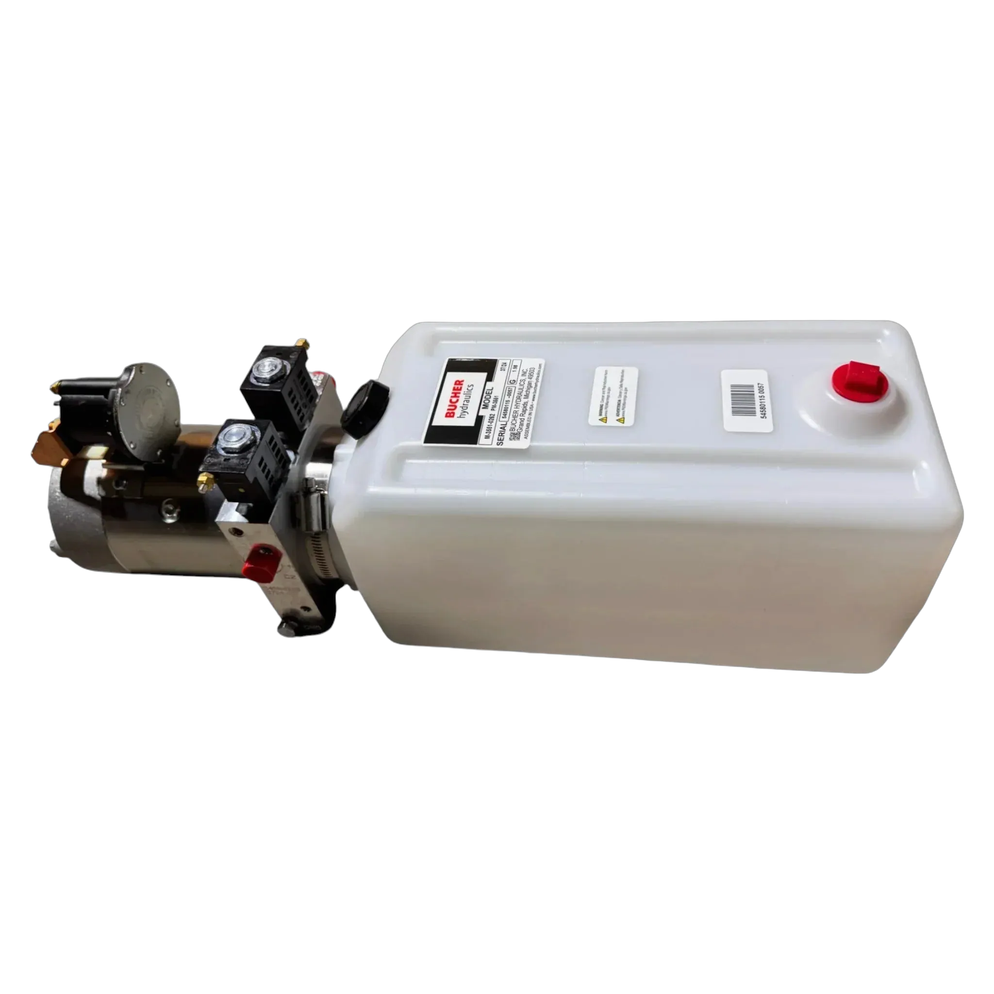 Bucher Hydraulics, Inc. Bucher Pump 2 Way (Power Up / Power Down) hydraulic power unit with 2.5 gal. poly reservoir, control valves, and attached pump.