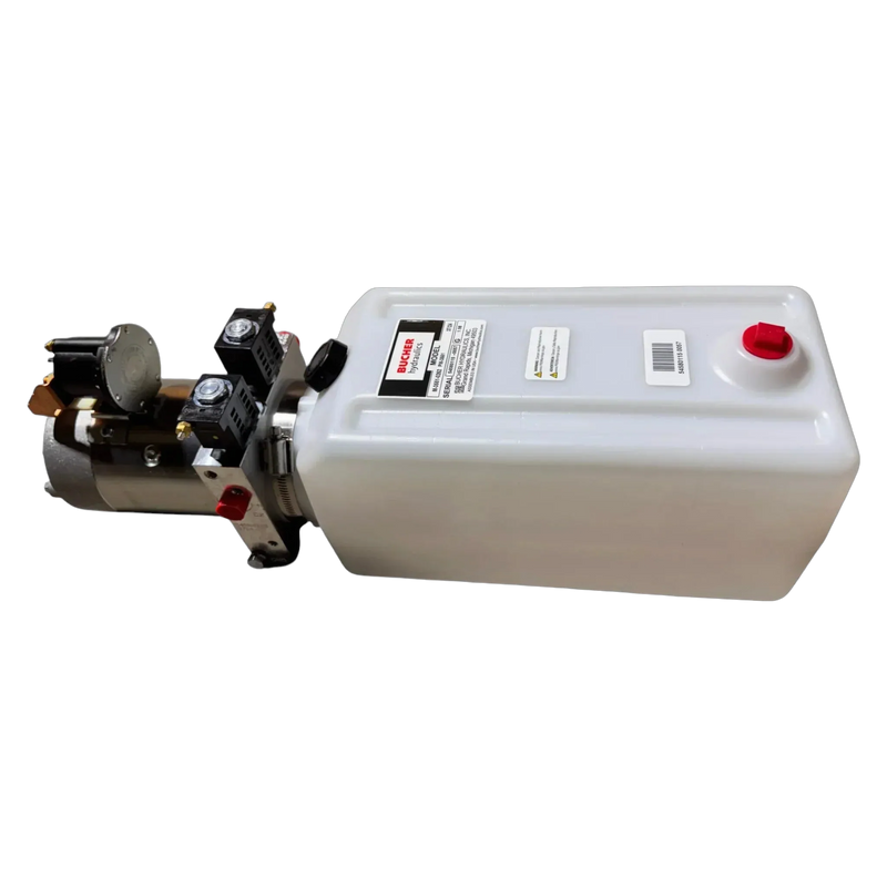 Bucher Hydraulics, Inc. Bucher Pump 2 Way (Power Up / Power Down) hydraulic power unit with 2.5 gal. poly reservoir, control valves, and attached pump.