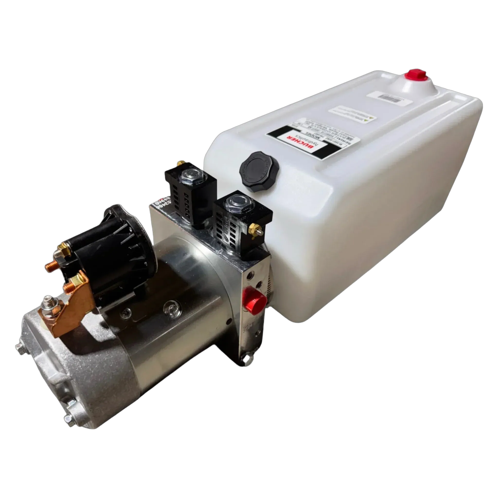 The Bucher Pump 2 Way (Power Up / Power Down) hydraulic power unit by Bucher Hydraulics, Inc. features a 12V metal pump assembly and 2.5 gal. poly reservoir, shown on a white background.