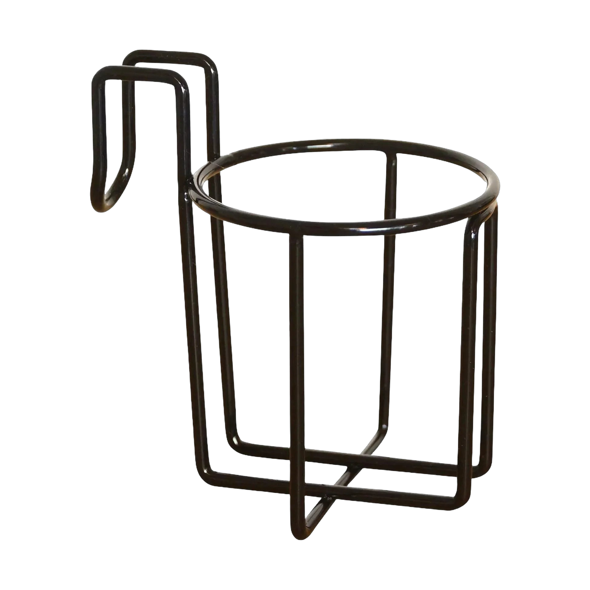 PIERCE Coolers 20 Quart Cup Holder in black metal, features a hook for surface attachment; displayed against a white background.