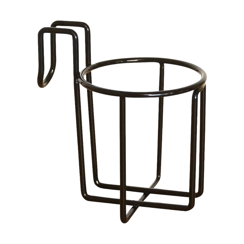 PIERCE Coolers 20 Quart Cup Holder in black metal, features a hook for surface attachment; displayed against a white background.