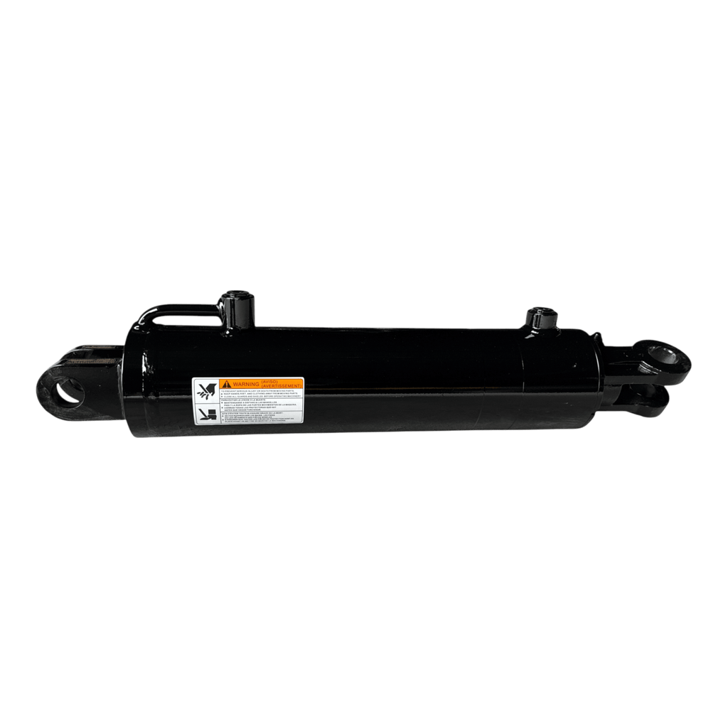 The PIERCE Hydraulic Cylinder features a welded design, 4-inch bore diameter, 14-inch stroke, and mounting brackets on both ends. Includes warning label; ideal for dump kits. Isolated on white.