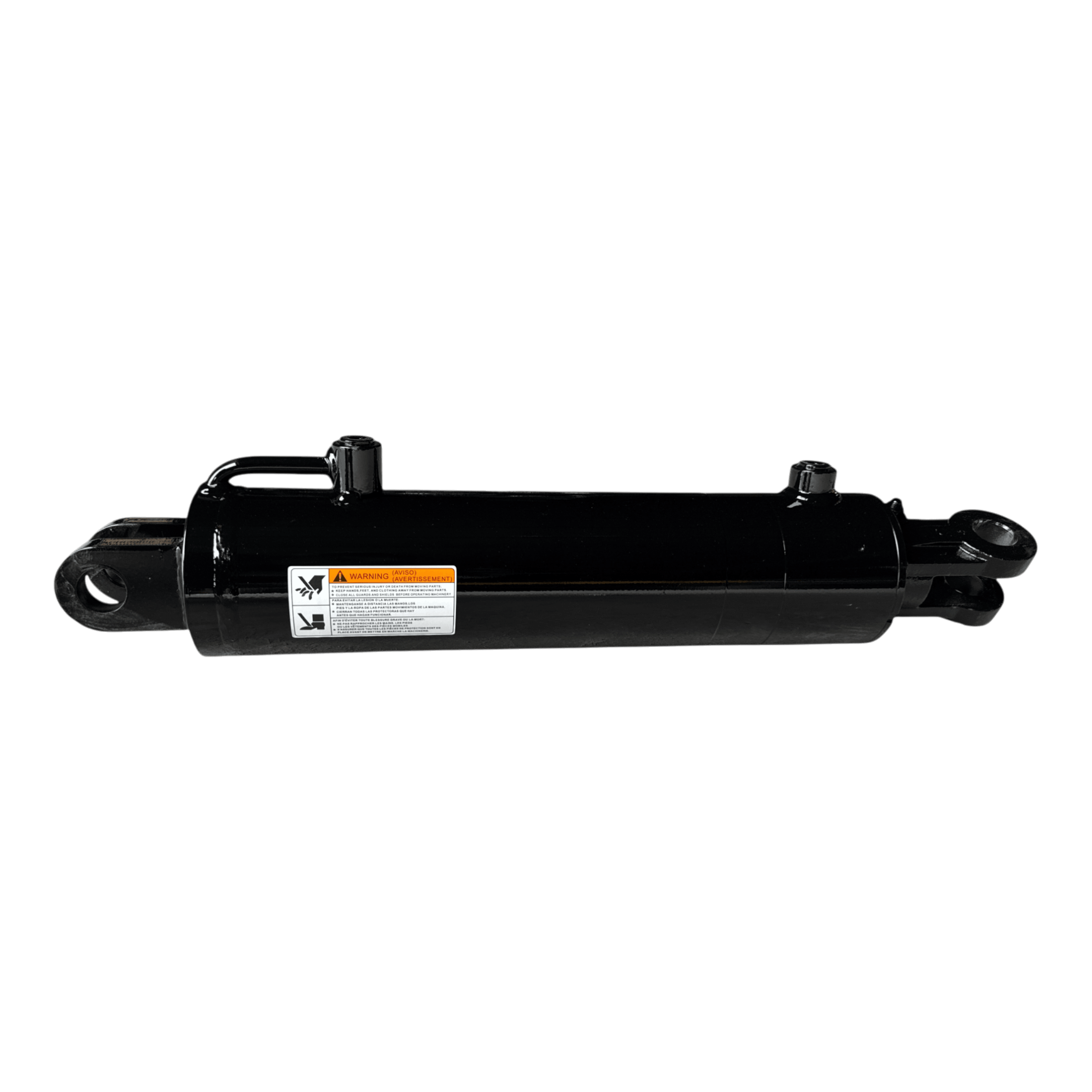 The PIERCE Hydraulic Cylinder features a welded design, 4-inch bore diameter, 14-inch stroke, and mounting brackets on both ends. Includes warning label; ideal for dump kits. Isolated on white.
