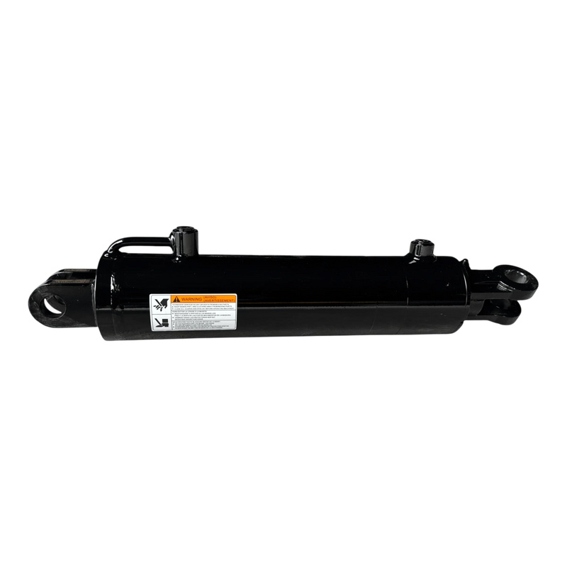 The PIERCE Hydraulic Cylinder features a welded design, 4-inch bore diameter, 14-inch stroke, and mounting brackets on both ends. Includes warning label; ideal for dump kits. Isolated on white.