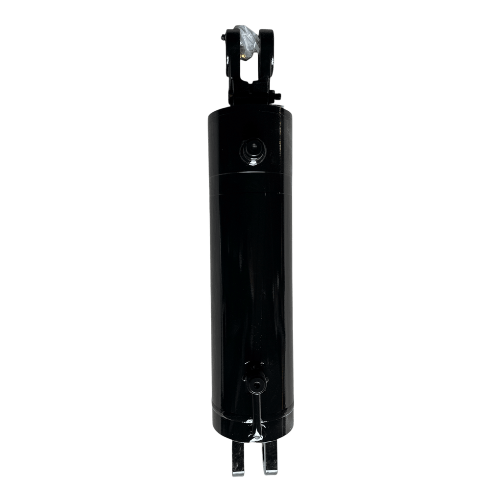 The PIERCE Hydraulic Cylinder features a 5-inch bore diameter, 14-inch stroke, and welded construction with mounting brackets at both ends, ideal for flatbed dump kits. Photographed on a white background.
