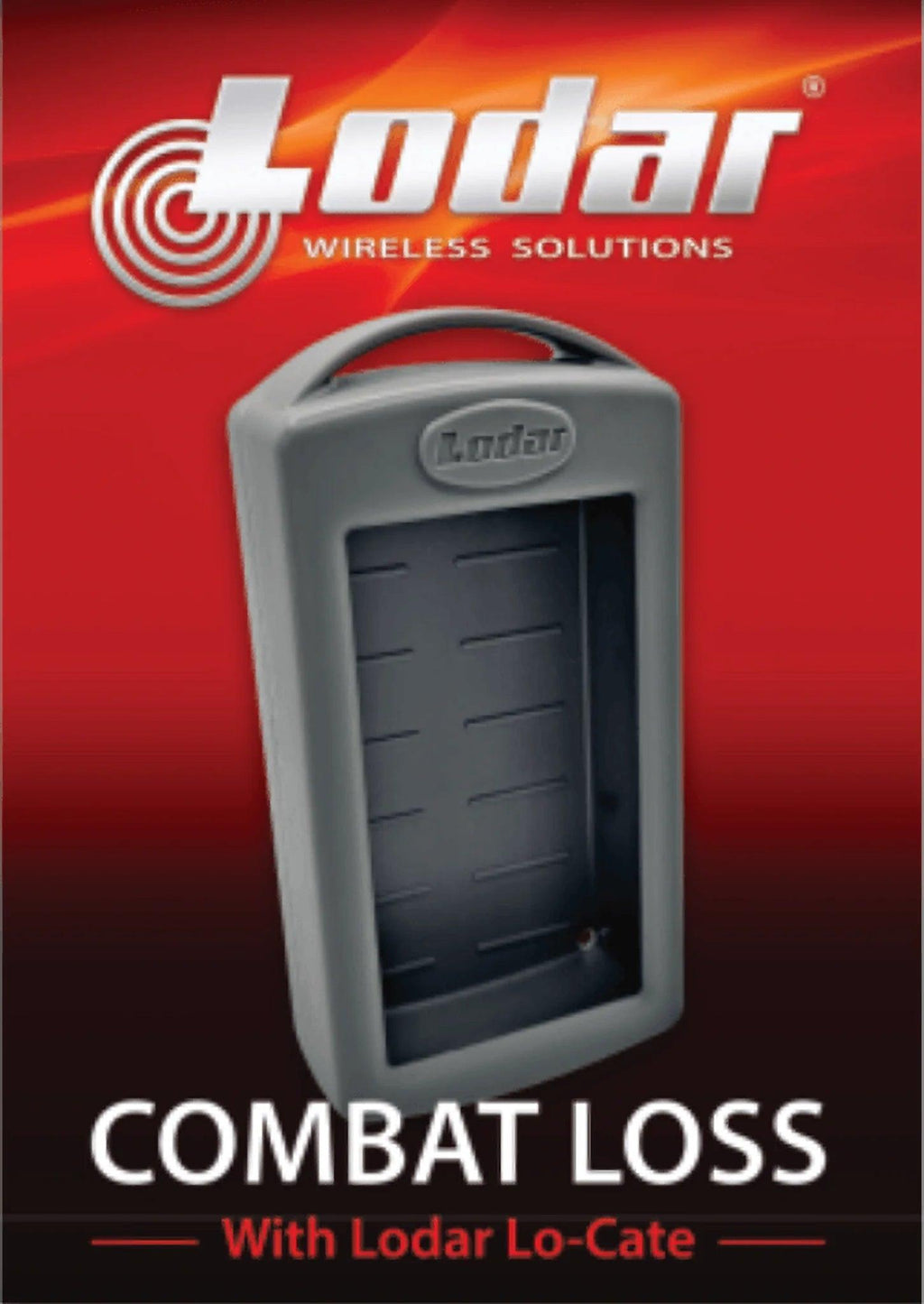 Gray Lodar LTD Silicone LoCate Cover for AirTag™ with impact protection, displayed on a red background and featuring the text: COMBAT LOSS With Lodar Lo-Cate.