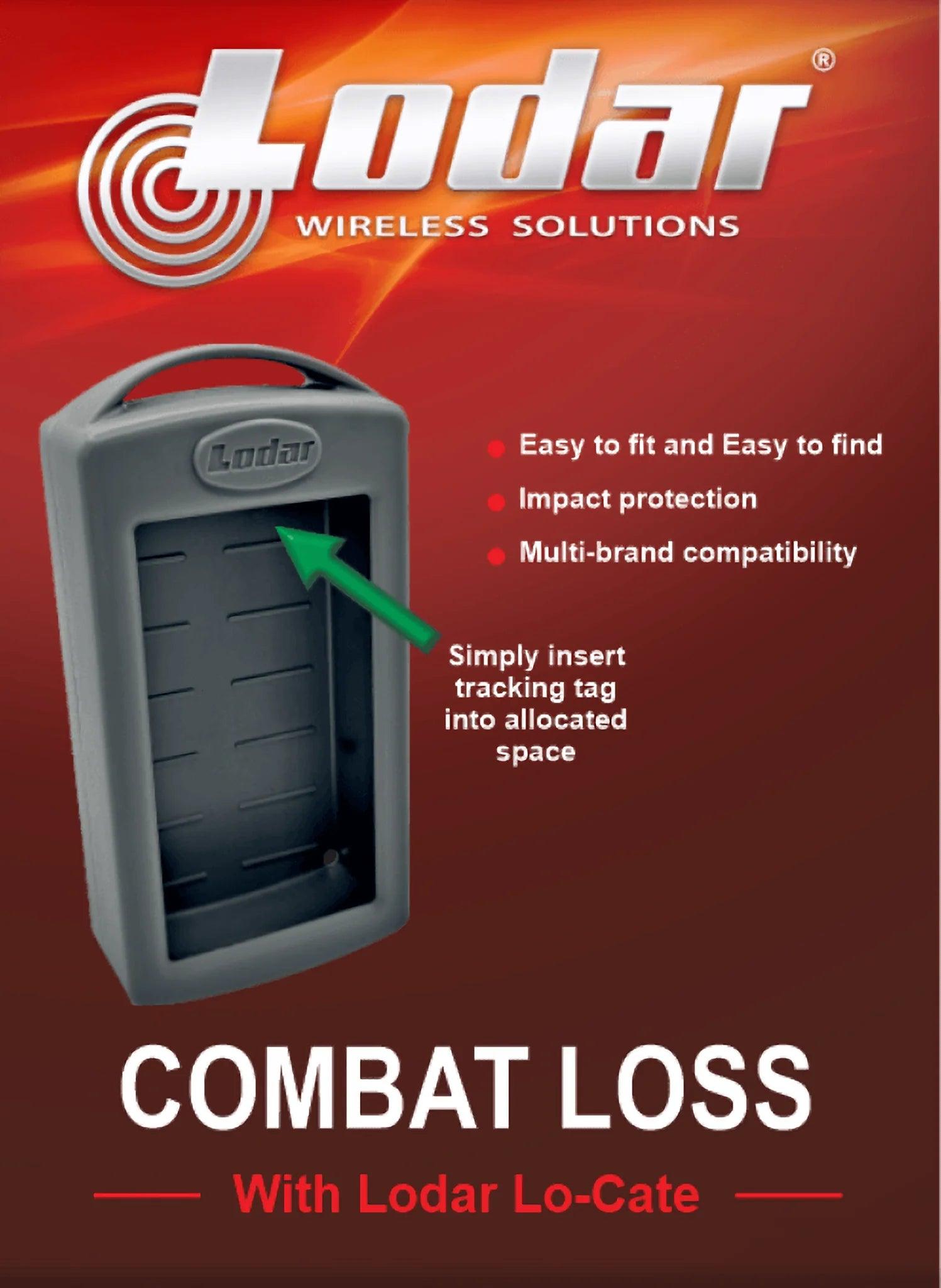 The Lodar LTD Silicone LoCate Cover for AirTag™ features impact protection, with a green arrow indicating the dedicated space inside for your Bluetooth tracker.