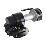 The PIERCE 12,500 lbs. 8" Drum Industrial Electric Winch features a black motor, silver drum, control handle, and attached cables, all set against a white background.