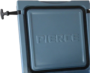 Close-up of a blue VaxMate Vaccine Cooler lid by PIERCE, featuring an embossed logo and a black side latch, commonly used among essential vet supplies for livestock vaccines.