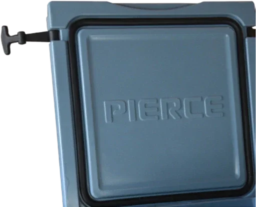 Close-up of a blue VaxMate Vaccine Cooler lid by PIERCE, featuring an embossed logo and a black side latch, commonly used among essential vet supplies for livestock vaccines.