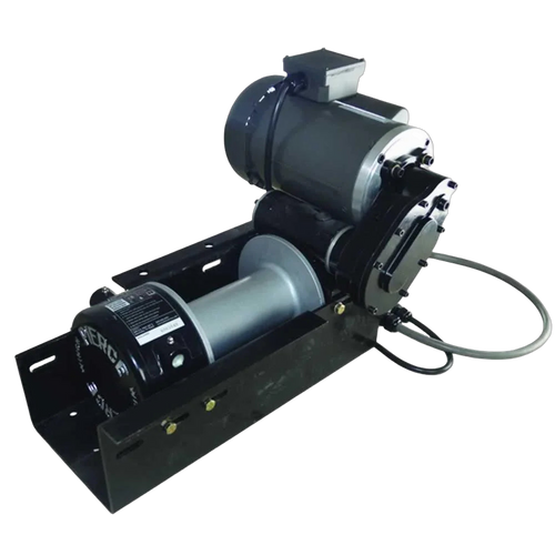 The PIERCE 110V Electric Winch features an 8" drum, powerful planetary drive, and pulls up to 11,000 lb. Its sturdy black metal frame includes attached cables and a weg motor for reliable industrial use.