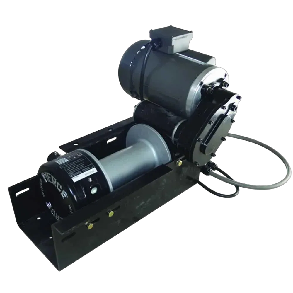 The PIERCE 110V Electric Winch features an 8" drum, powerful planetary drive, and pulls up to 11,000 lb. Its sturdy black metal frame includes attached cables and a cylindrical motor for reliable industrial use.
