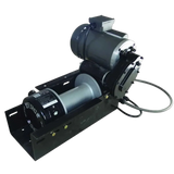 The PIERCE 110V Electric Winch features an 8" drum, powerful planetary drive, and pulls up to 11,000 lb. Its sturdy black metal frame includes attached cables and a cylindrical motor for reliable industrial use.