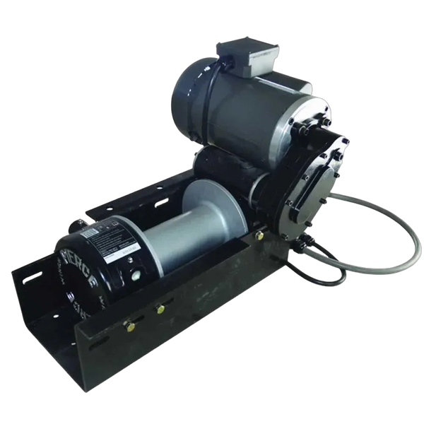 The PIERCE 110V Electric Winch features an 8" drum, powerful planetary drive, and pulls up to 11,000 lb. Its sturdy black metal frame includes attached cables and a cylindrical motor for reliable industrial use.