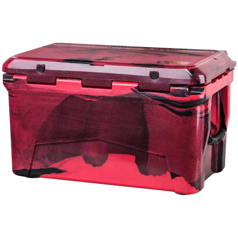 The PIERCE 45 Quart Camo Cooler by PIERCE features a red and black marbled design, secure lid, side handles, and roto-molded construction for superior ice retention.