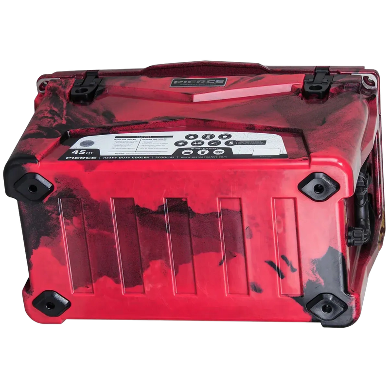 The PIERCE 45 Quart Camo Cooler by PIERCE features a rugged camo design, roto-molded for durability and includes a sturdy carrying handle, inspired by tough cooler construction.