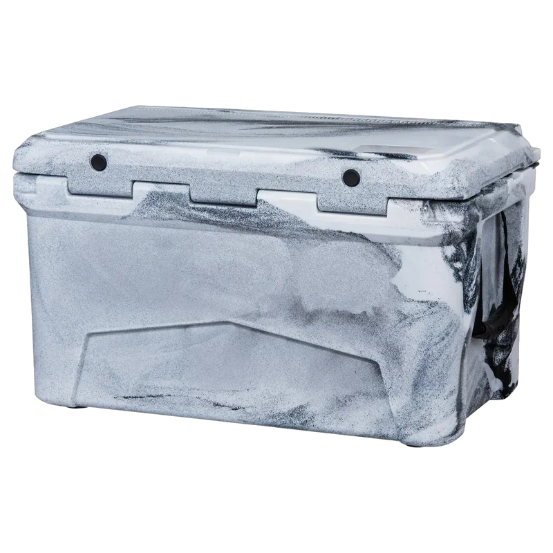 The PIERCE 45 Quart Camo Cooler by PIERCE is a large roto-molded chest in a white and gray marbled design, featuring a closed lid and engineered for superior ice retention.