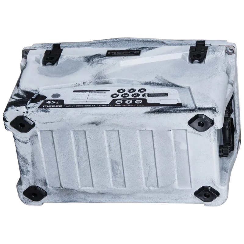 The PIERCE 45 Quart Camo Cooler by PIERCE is a rugged, camo-patterned, roto-molded hard case featuring a control panel, four corner protectors, and excellent ice retention.
