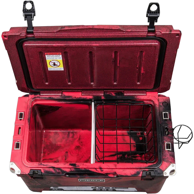 Open the PIERCE 45 Quart Camo Cooler with wire basket, cup holder, and a warning label inside the lid; designed by PIERCE for excellent ice retention.