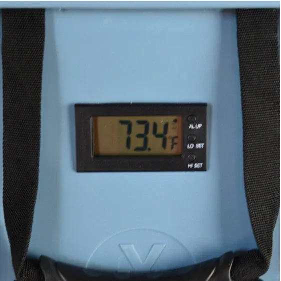 A digital display shows a temperature of 73.4°F on the blue PIERCE VaxMate Vaccine Cooler with black straps.