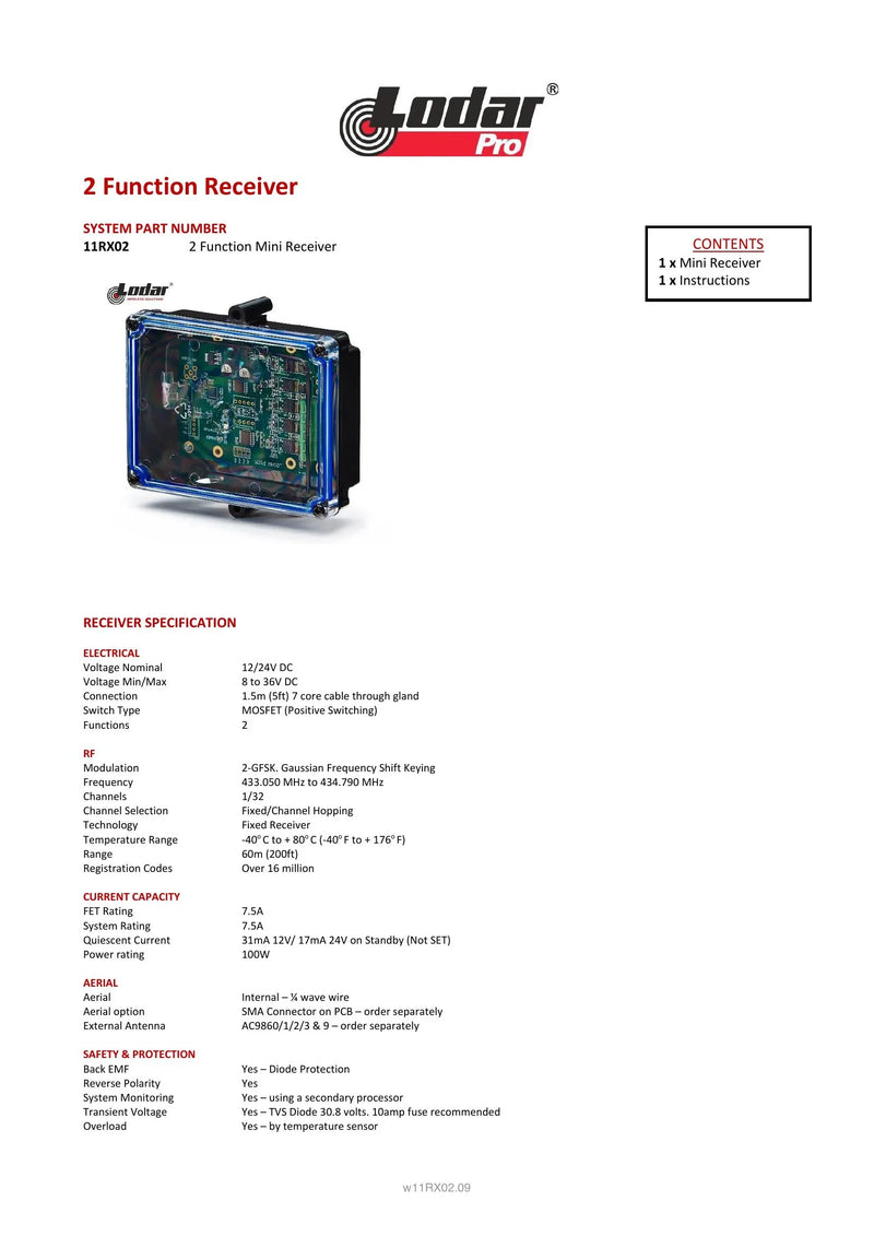 11RX02 Receiver Spec Sheet — Page 1