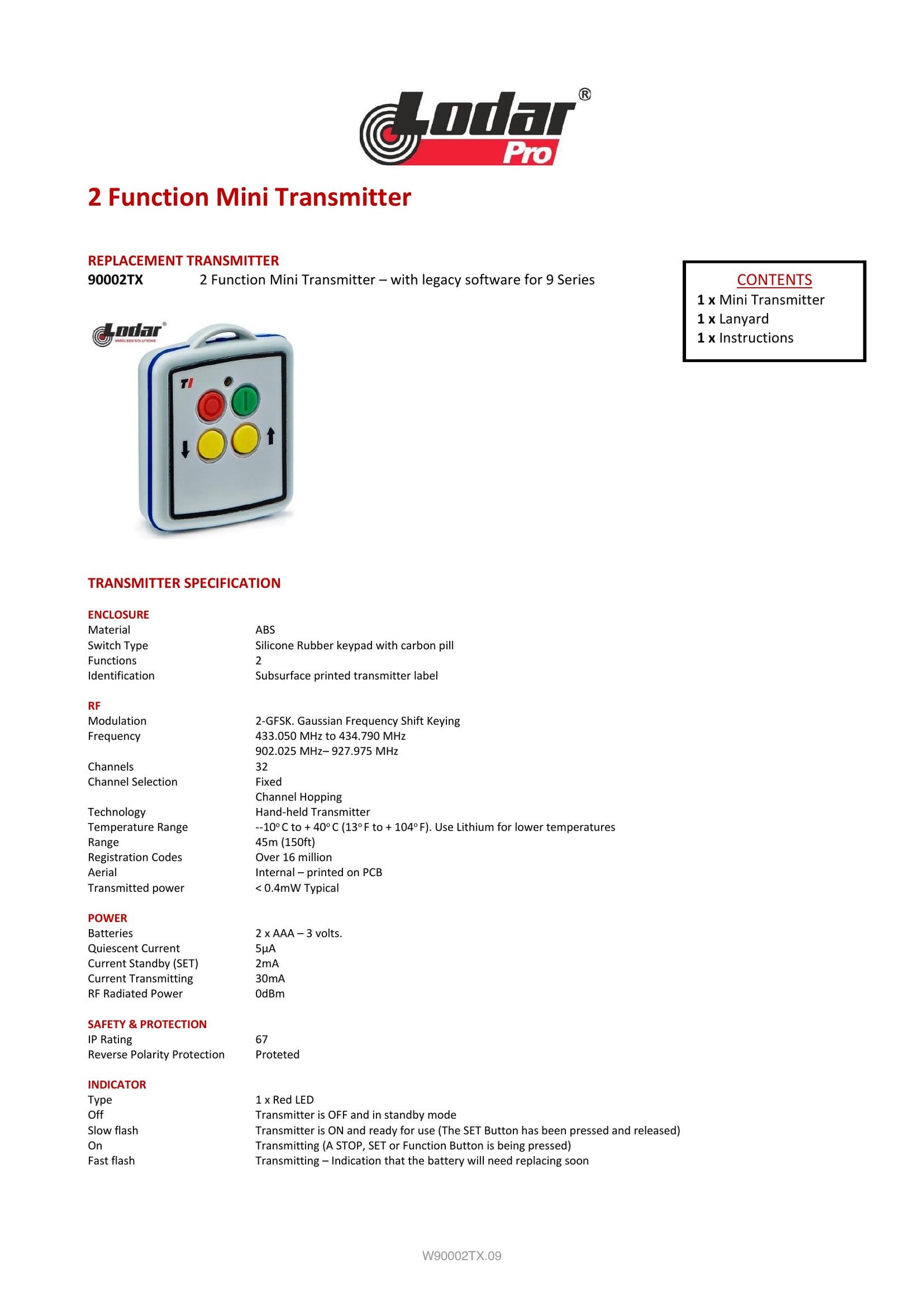 90002TX - 2 Function Mini Transmitter - Page 1