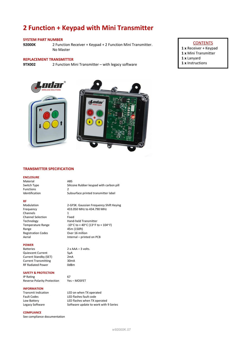 92000K - 2 Function + Keypad with Mini Transmitter — Page 1