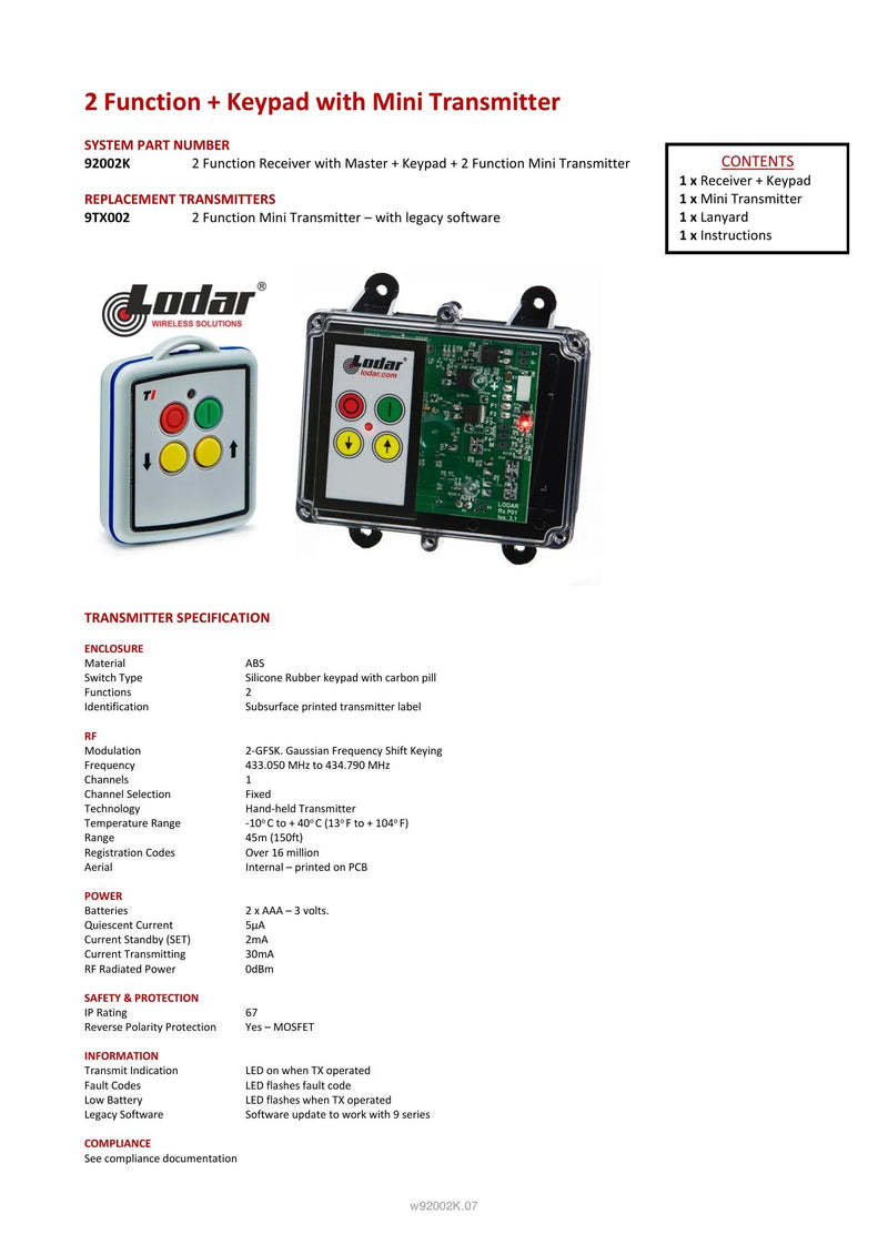 92002K - 2 Function + Keypad with Mini Transmitter — Page 1