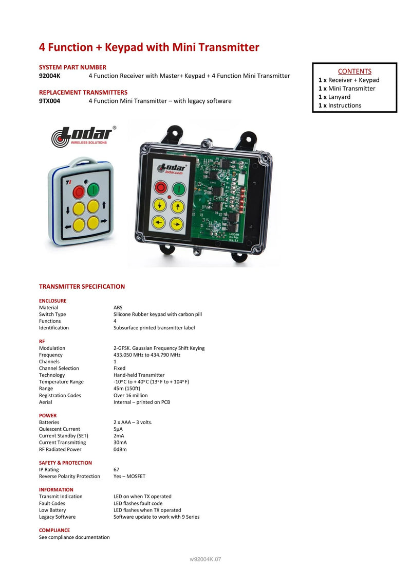 92004K - 4 Function + Keypad with Mini Transmitter — Page 1