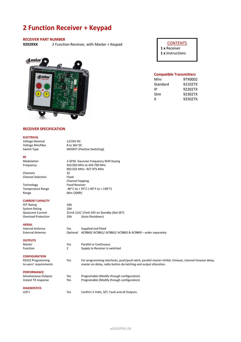 9202RXK Spec Sheet — Page 1